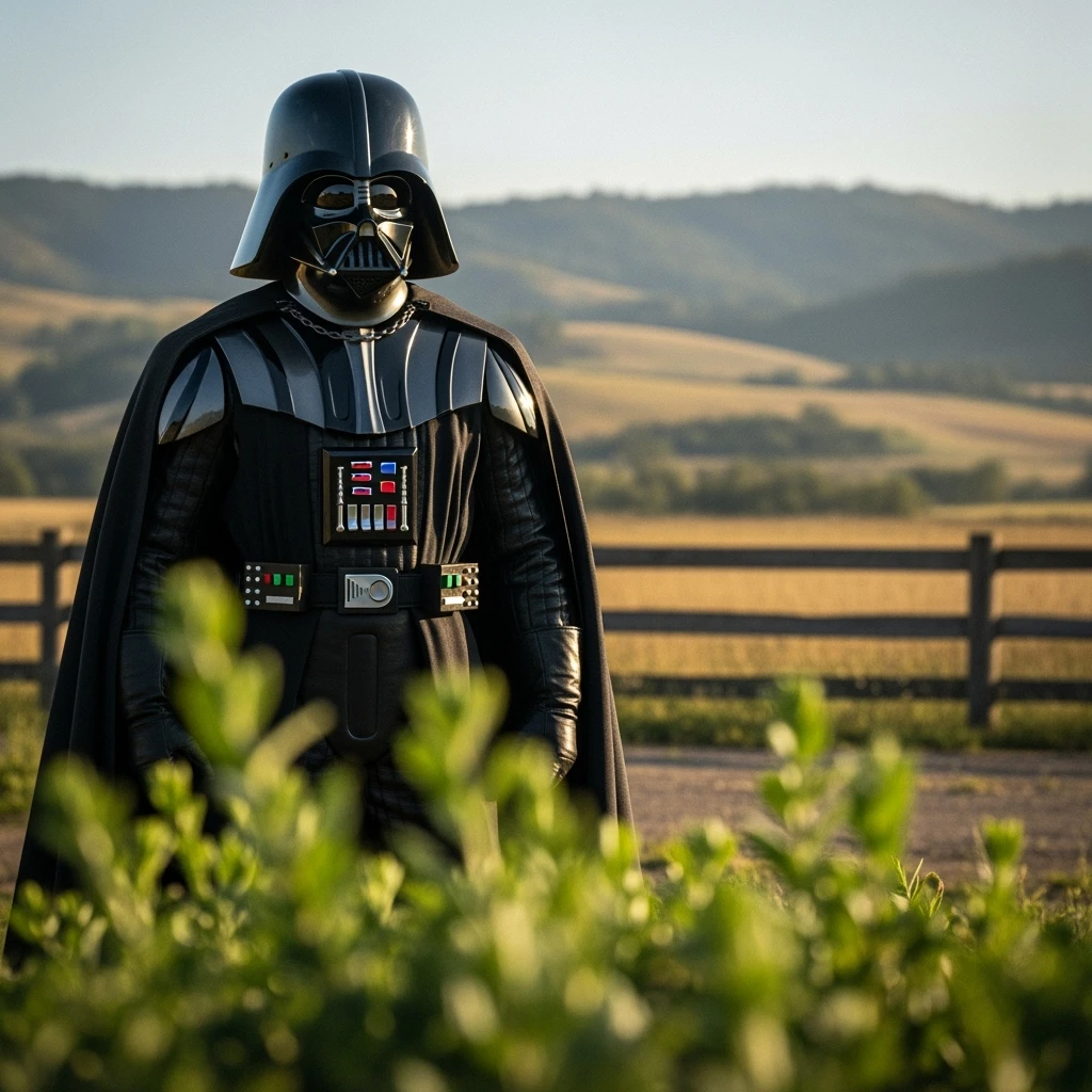 A portrait of a Darth vader in the foreground, blurred plants in the foreground (close to the camera), a wooden fence in the midground, rolling hills in the background, cinematic depth of field, layered composition, natural lighting emoji
