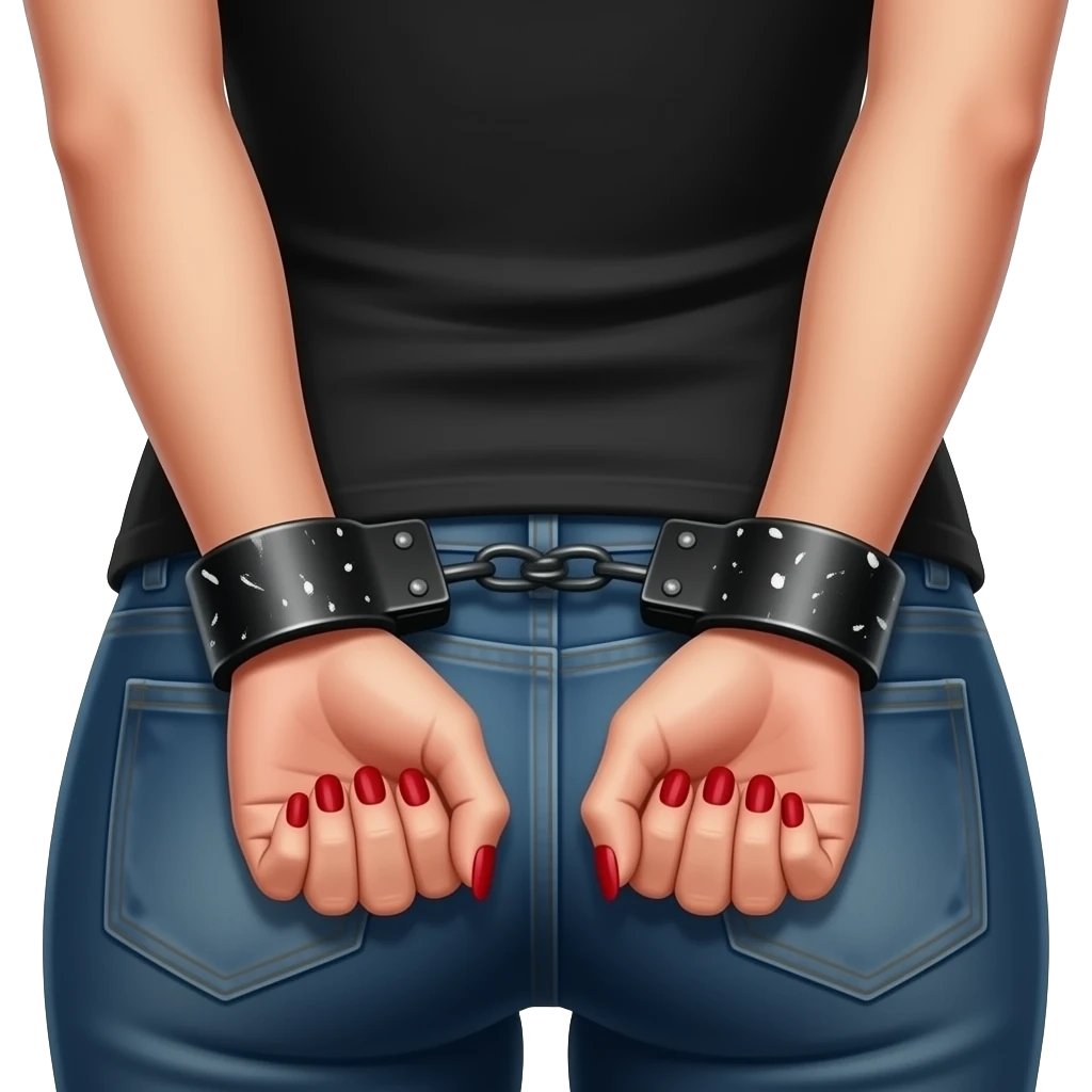 Sexy Woman’s clenched hands with long red nails behind back in black leather hand cuffs splattered in a lot ofwhite paint close-up emoji