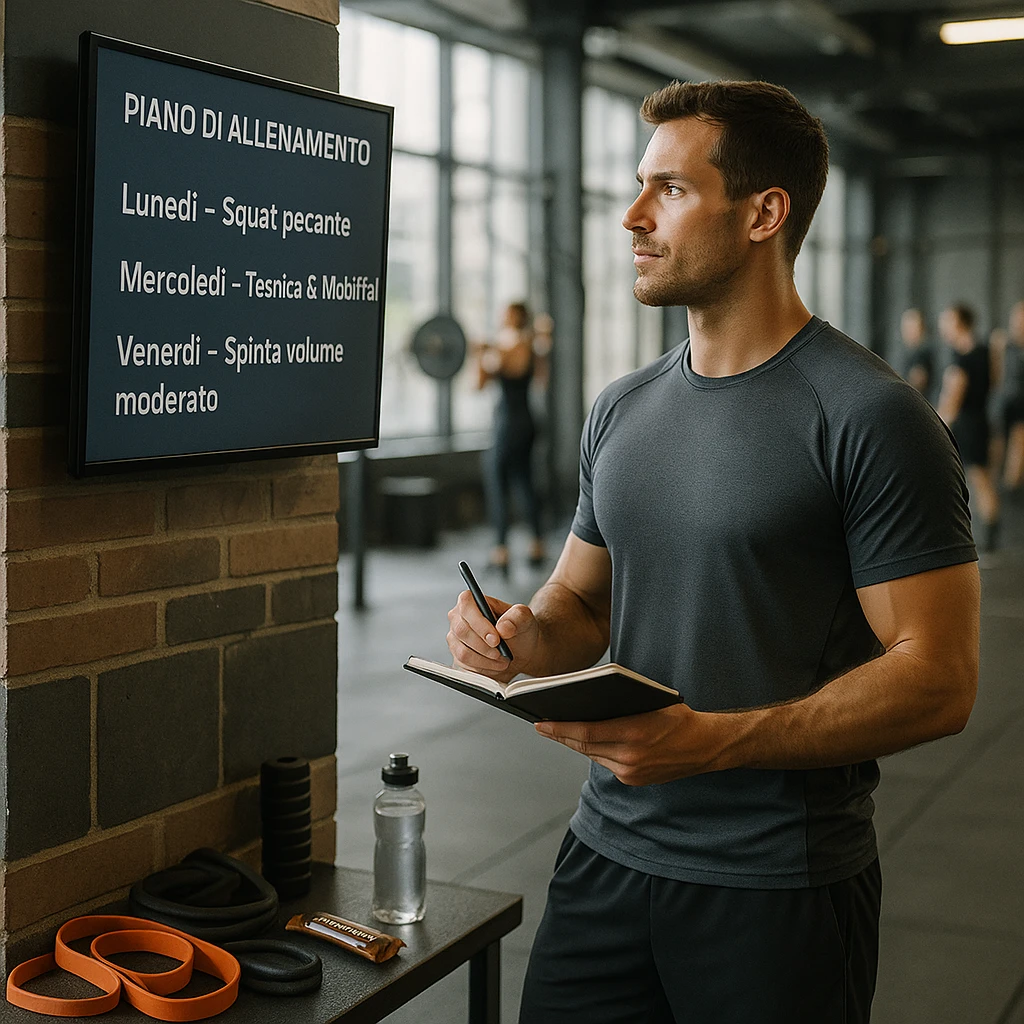 Sporty 30-year-old man in a modern gym, near a digital screen displaying a weekly plan in Italian: 'Lunedì – Squat pesante', 'Mercoledì – Tecnica & Mobilità', 'Venerdì – Spinta volume moderato'. He looks at the plan attentively, wearing technical sportswear, holding a pen and notebook. Around him: resistance bands, mobility tools, water bottle, protein bar. Relaxed and strong posture. Other athletes in the background. Natural light, fitness-lifestyle style, slightly cinematic. emoji