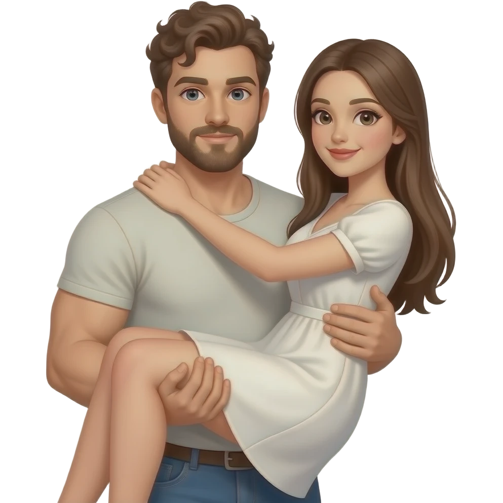 Realistic white skin brown short curly hair with beard muscular man carrying white skin long straight brown hair girlfriend wearing aesthetic dress HD emoji
