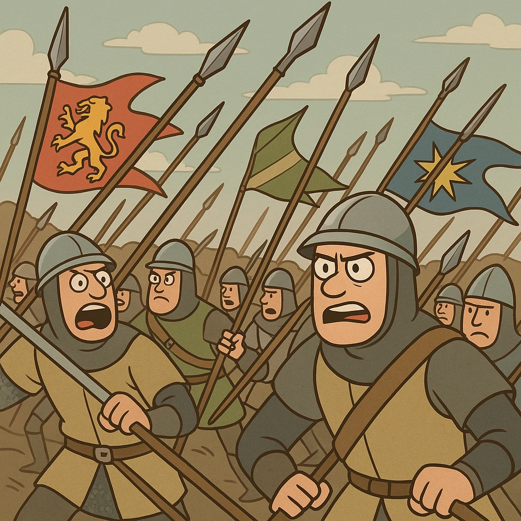 scène de bataille au Moyen Âge, soldats avec lances et bannières, style cartoon coloré emoji