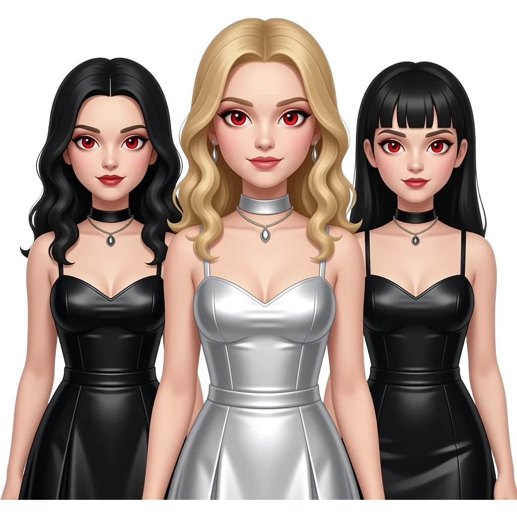 Brides of Dracula from Horror Film Heroes and Villains with two dark-haired girls with red eyes and black metallic dress, blond-haired girl with red eyes and white metallic dress emoji