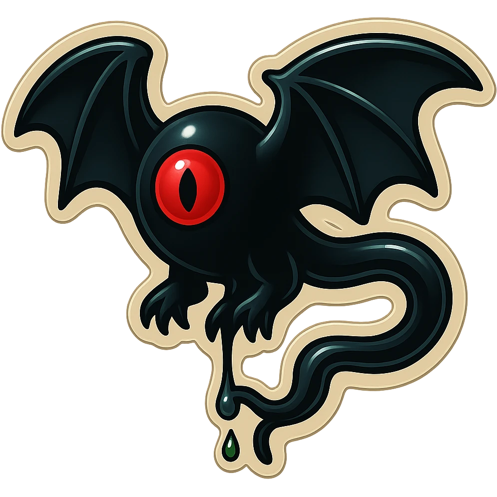 an all black reptilian bat-like creature. One cyclopian red eye in its face. no visible mouth or ears. 2 hind legs with claws. has a long tale with a stinger that drips green poison emoji