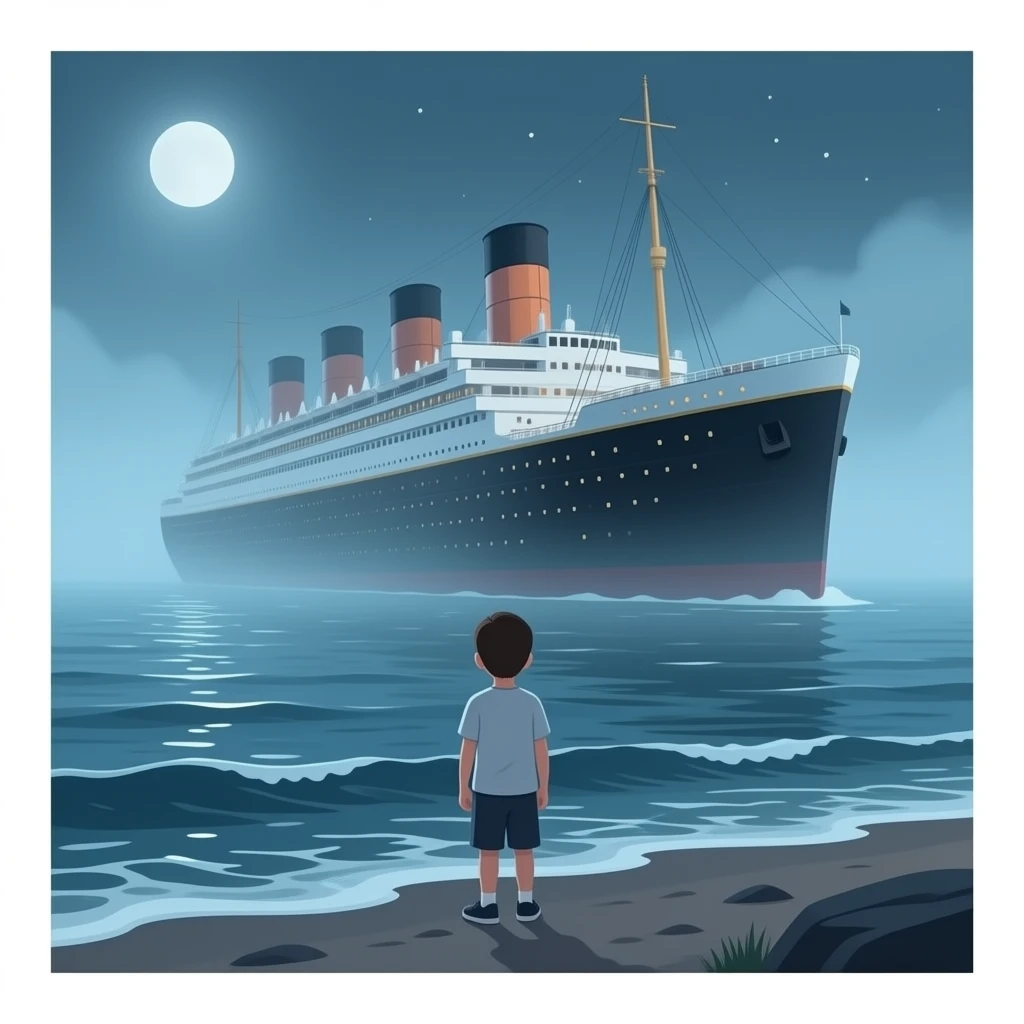 The ghostly ship The Queen Mary floats above the sea while a boy on the shore watches the scene - cut scene emoji