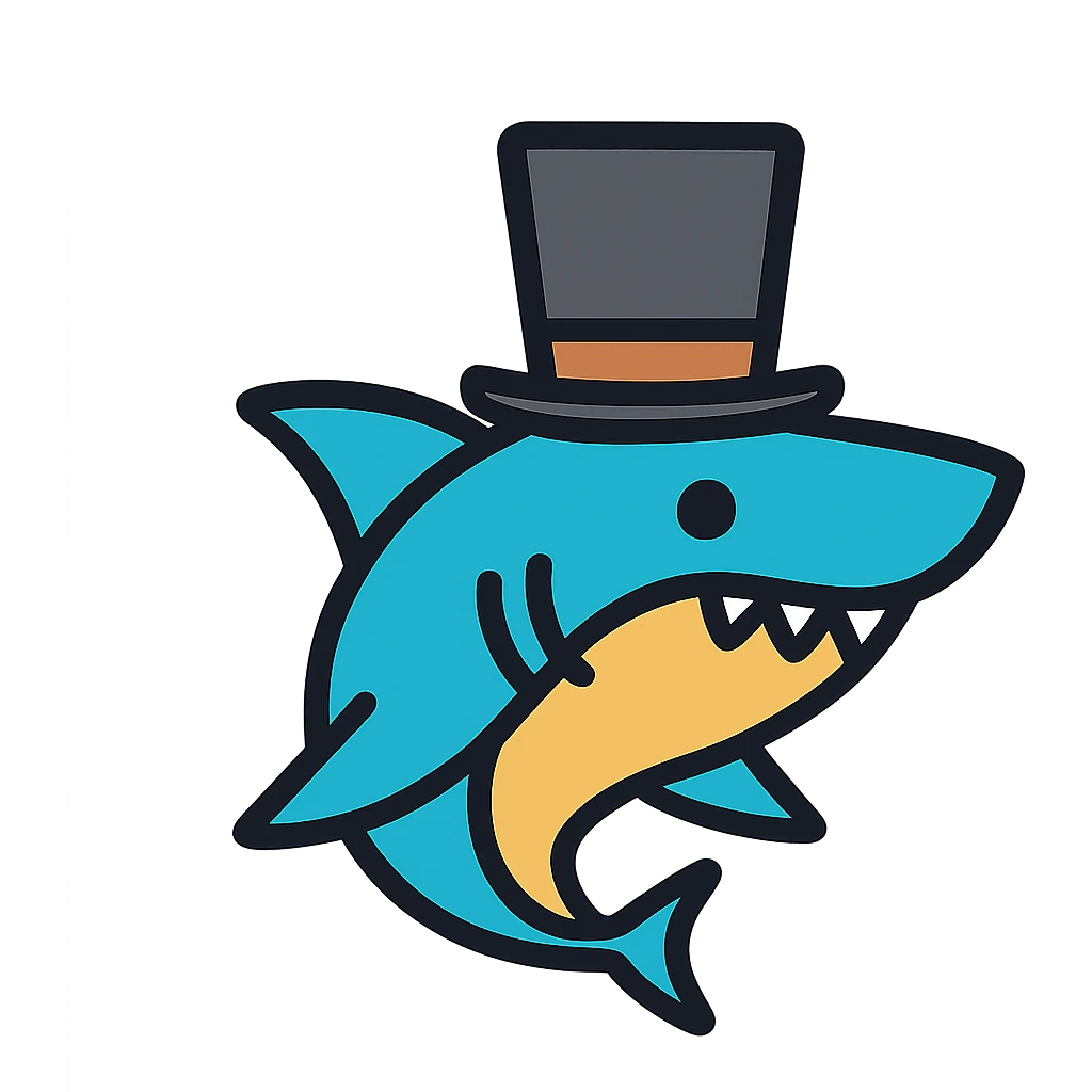 shark in a top hat, playful, minimal, no background, clean and simple lines emoji