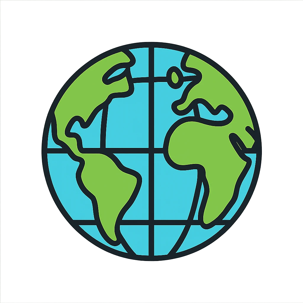 globe icon with detailed landmasses, water, and grid lines, lineal color style with black outlines emoji