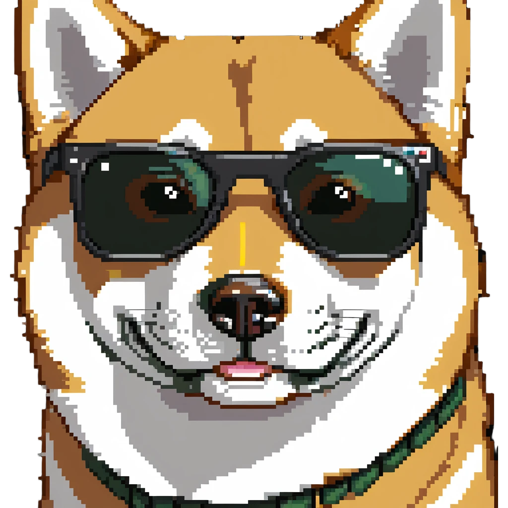 close-up of a Shiba Inu face wearing sunglasses emoji