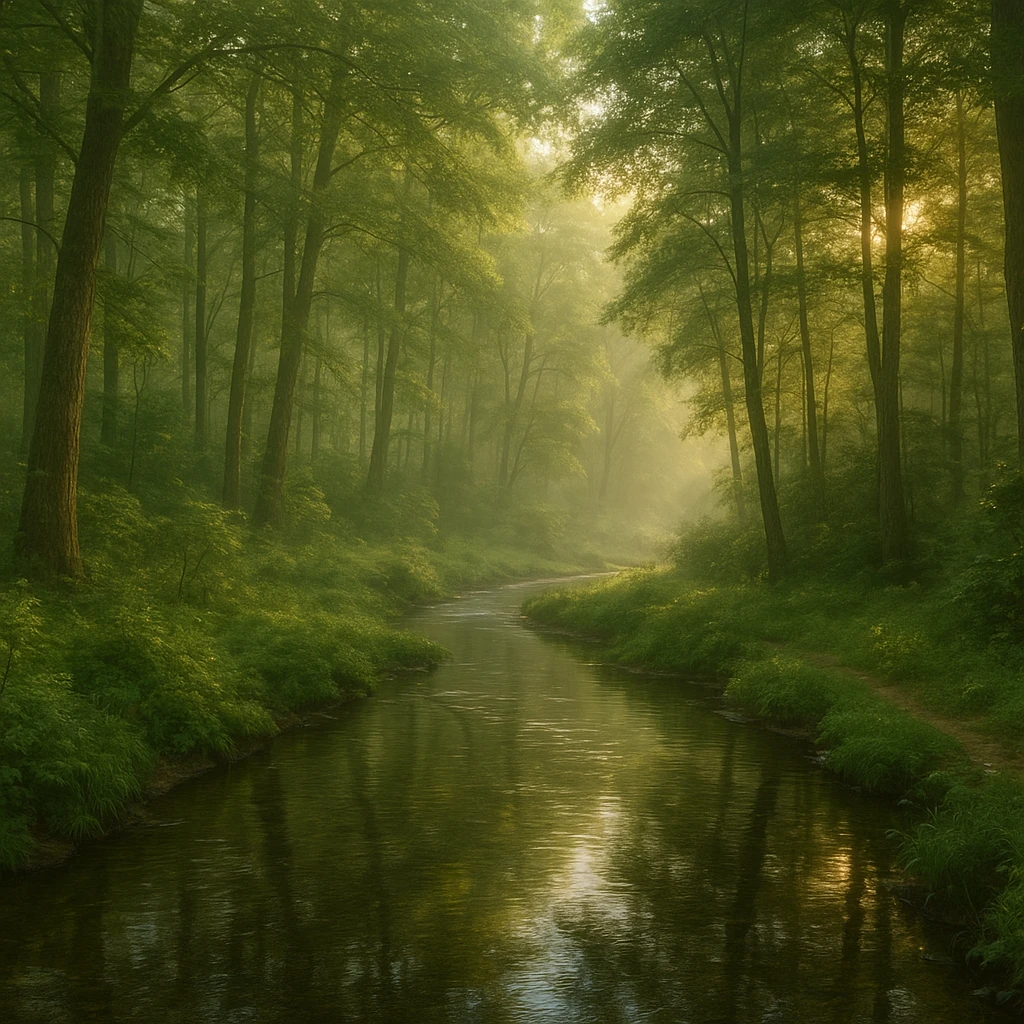 realistic 1920x1080 forest landscape in early morning, dense trees, clear stream winding through foreground, soft golden morning light, lush greenery, detailed water reflections, gentle mist, no wildlife emoji