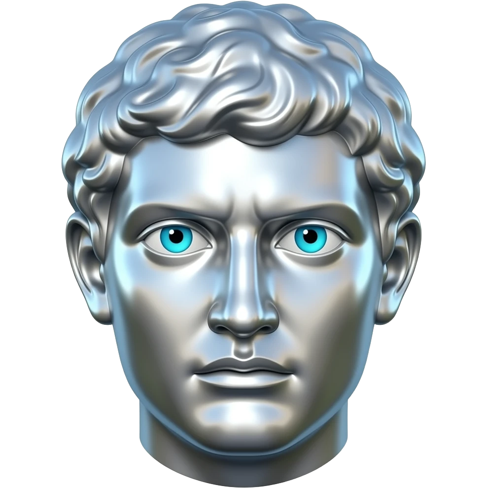 "A polished chrome stoic Greek statue head, front-facing, serious focused expression, glowing cyan (#00D4B1) eyes, dark background. Metallic reflections with subtle cyan light accents. Clean, no background, emoji style, high detail. The statue represents discipline, focus and self-mastery." emoji