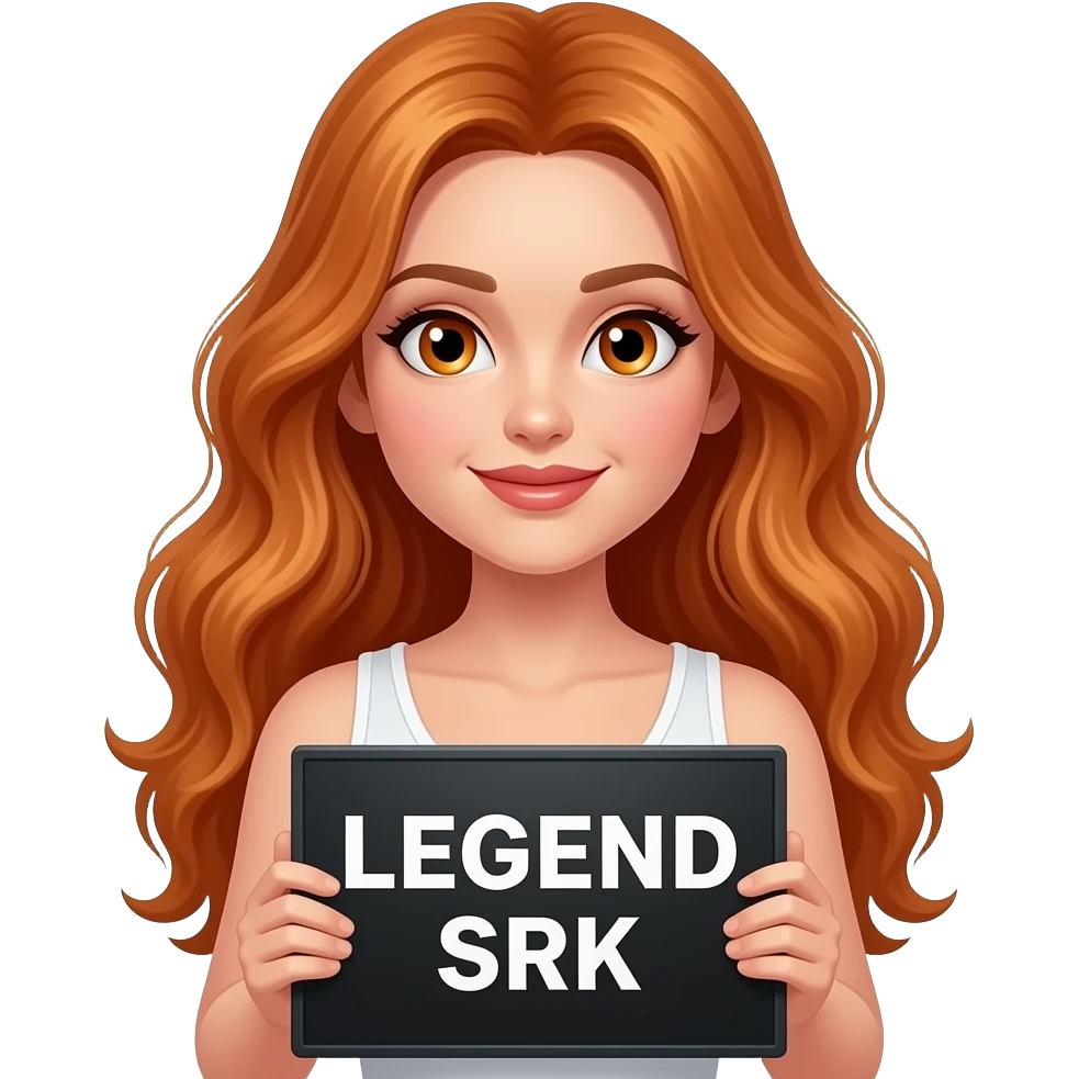 sexy girl with long wavy ginger hair and ginger eyes wearing a white tanktop is holding a black colored sign with LEGEND SRK written on it emoji