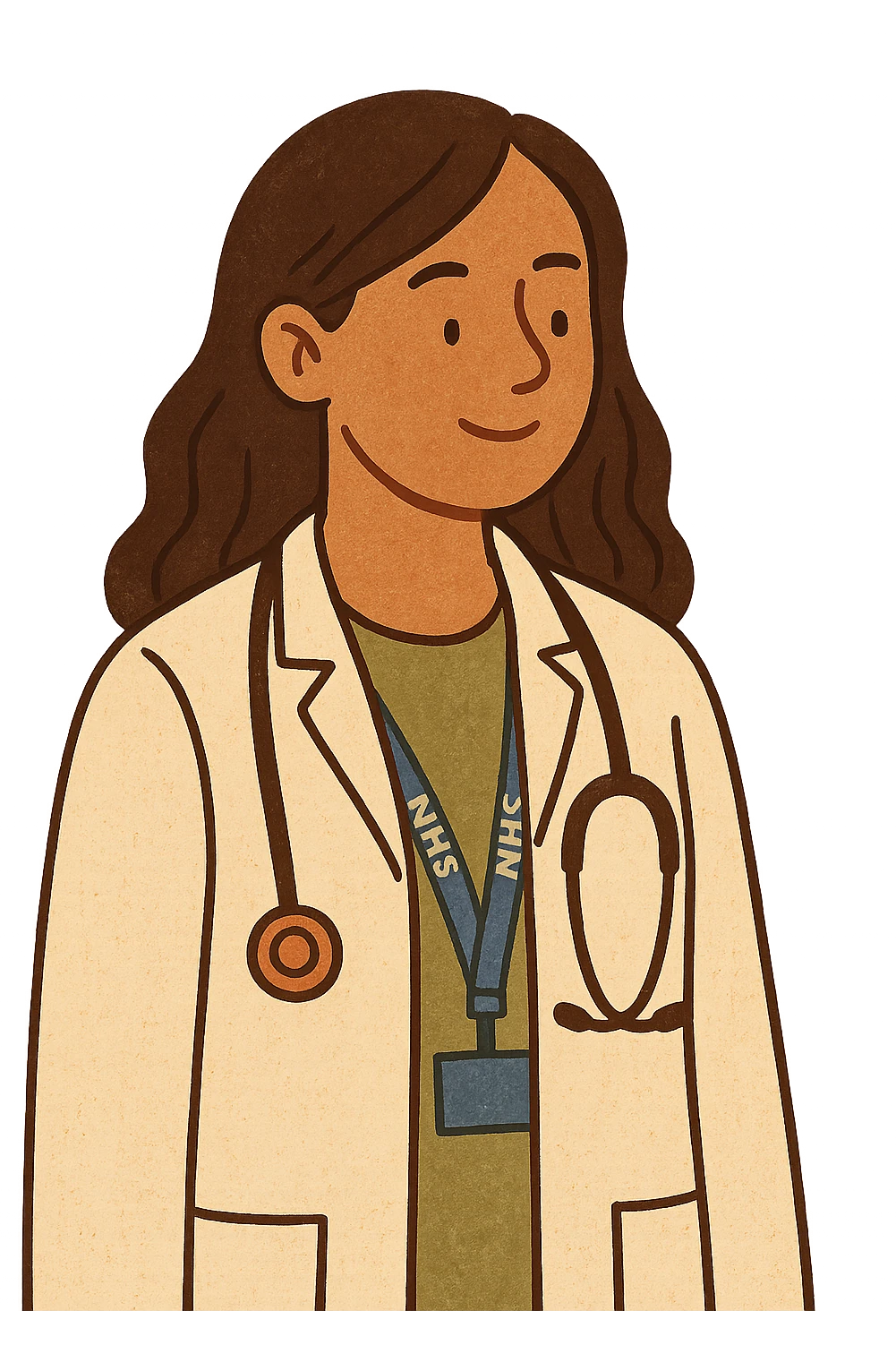 A modern day female doctor wearing an NHS lanyard and stethoscope emoji