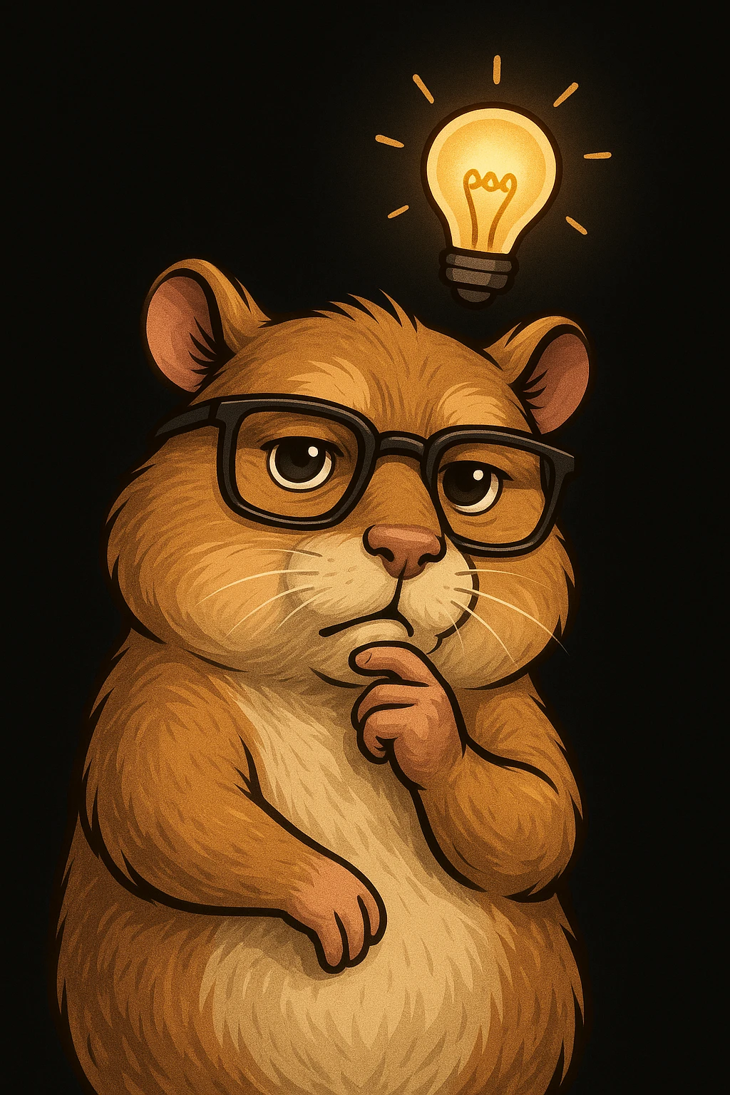 detailed cartoon hamster in a thoughtful pose, stylish glasses, glowing idea bulb, mature and modern look, solid black background emoji