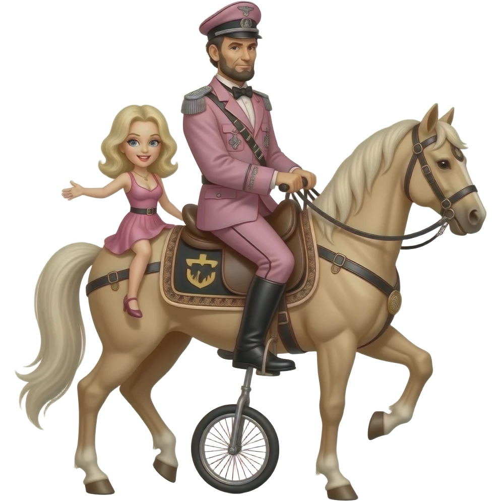 steampunk - Abraham Lincoln in a pink German World War II uniform rides Madonna in SM gear on a unicykle emoji