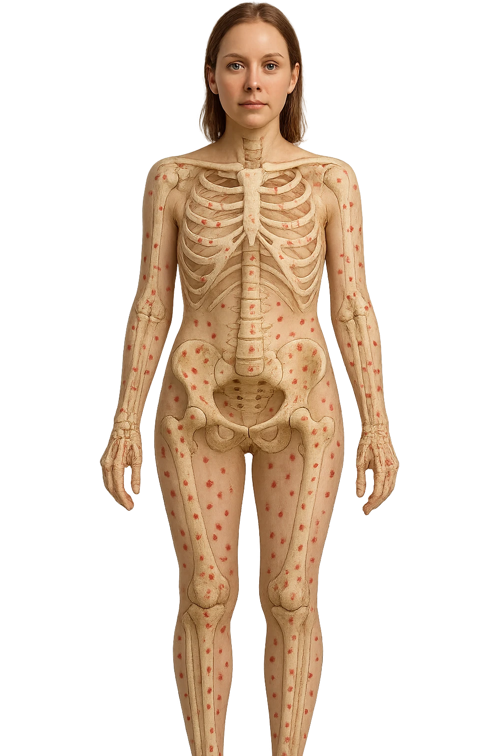 donna realistica a figura intera con red spot sparsi alle ossa, ossa del corpo visibili sul corpo, non sul volto iperrealistico 4k emoji