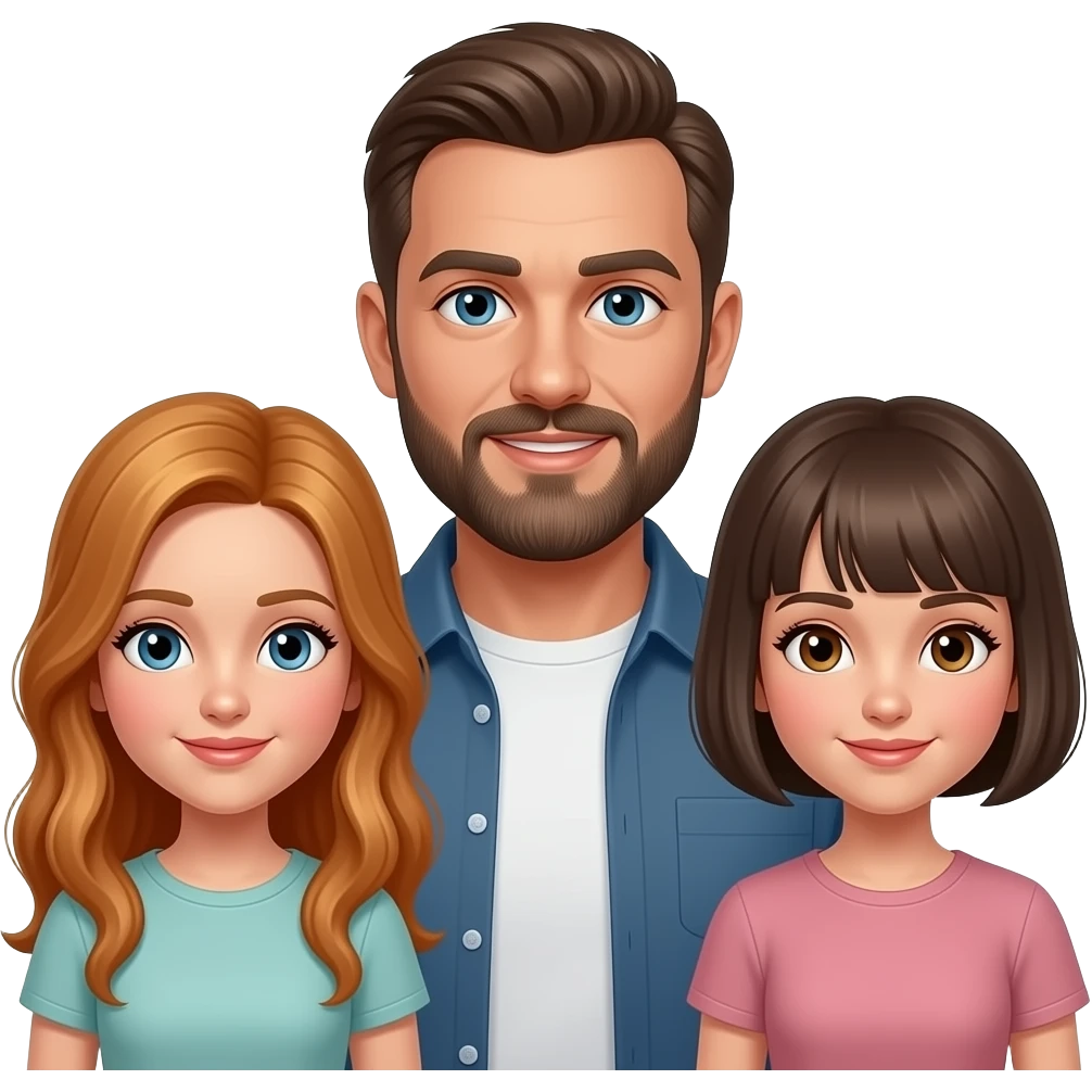 un hombre con barba y con poco pelo con dos niñas una  niñapelo ruvio y  largo y otra de pelo corto emoji