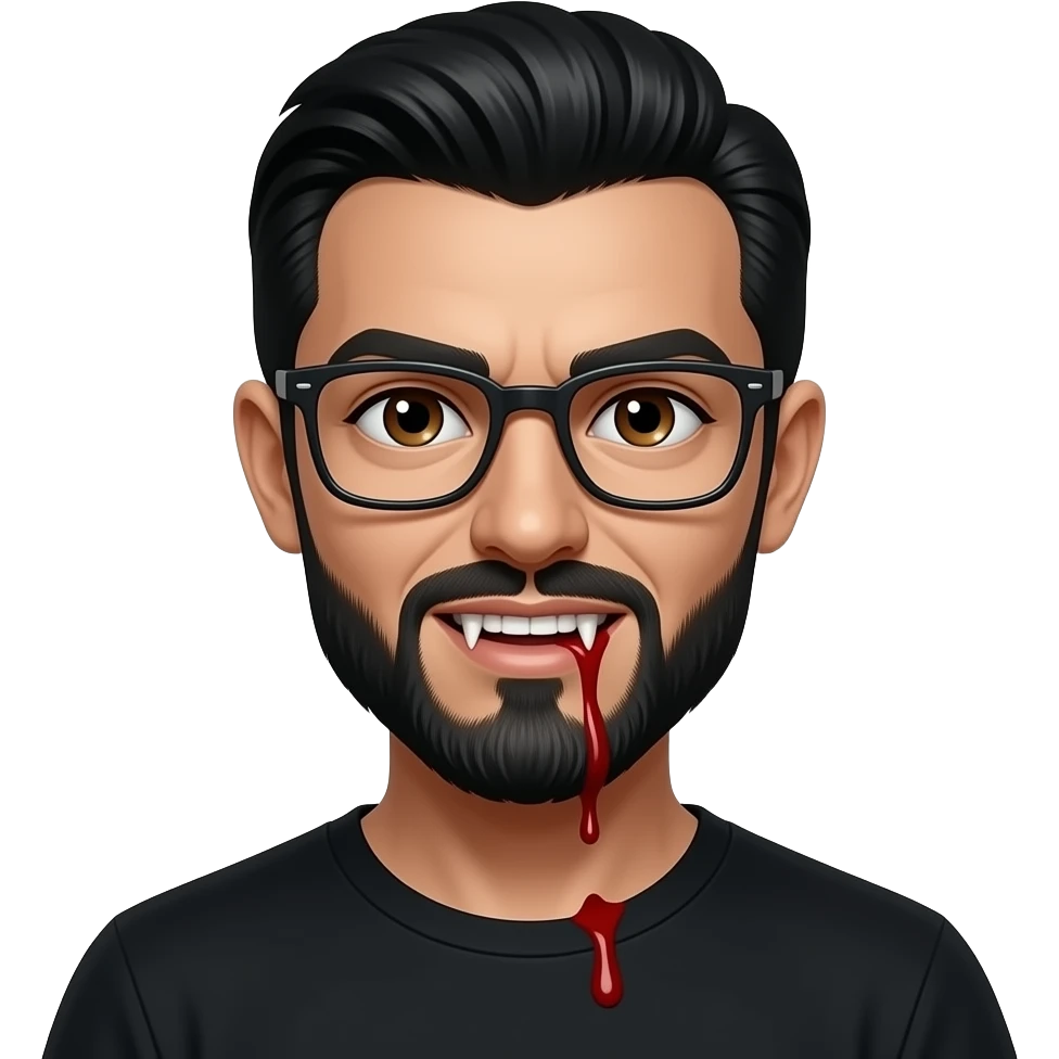 black slick back hair, tan skin, black beard, with square glasses, brown eyes, black tee shirt,  dracula teeth with blood on the teeth emoji