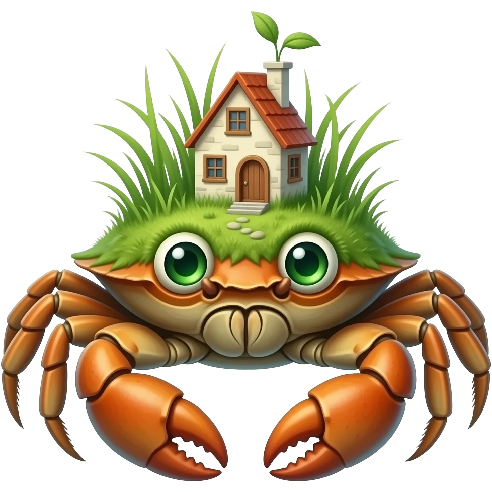 A green crab with grass on it and also with green growing eyes and with at your house on its back emoji
