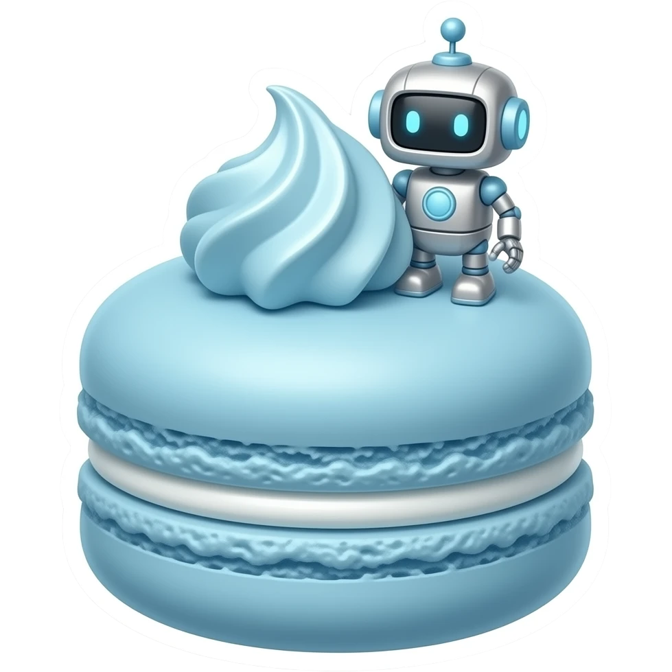“Minimal emoji sticker of a tiny bakery robot frosting macarons, dark mood, frosted silver & glacial blue palette, cozy + playful vibe, clean outline, transparent background, high-res.” emoji