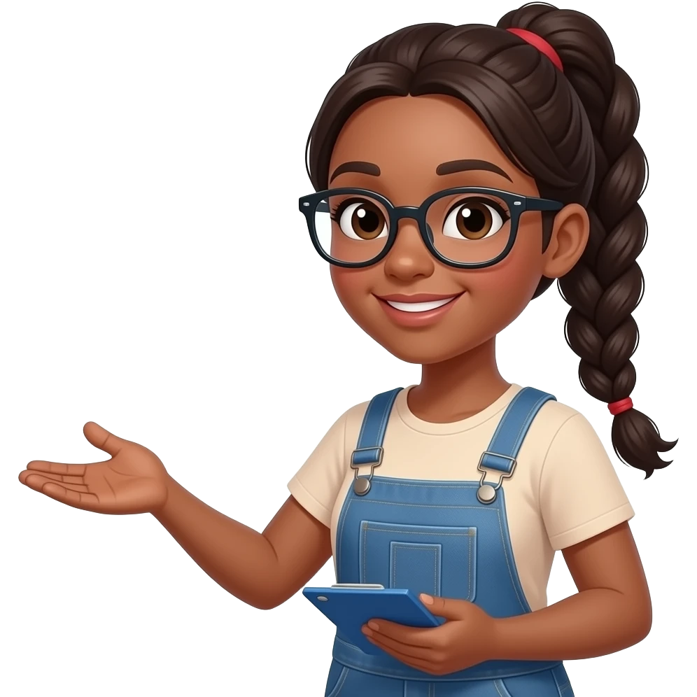 young dark brown skin tone woman with long dark hair in a braided ponytail, glasses, casual clothes, offering services, helping customers emoji