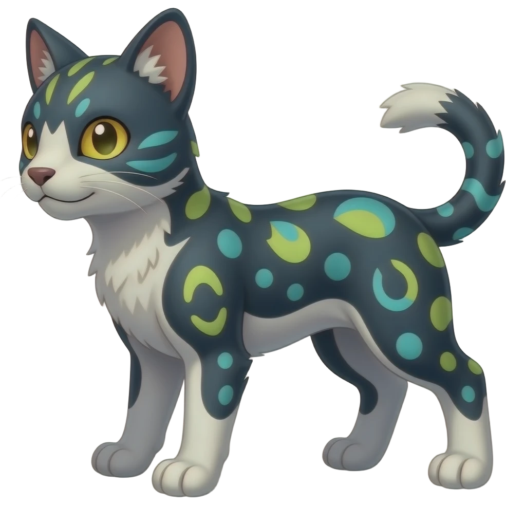 Digitigrade elemental realistic pretty elegant sleek shiny patterned quadrupedal Randomly marked randomly colored Absol-Purrloin-Shinx-Liepard-Electrike-Sprigatito-Litten-Fakémon-Digimon-animal-hybrid, full body, short nub-tail emoji