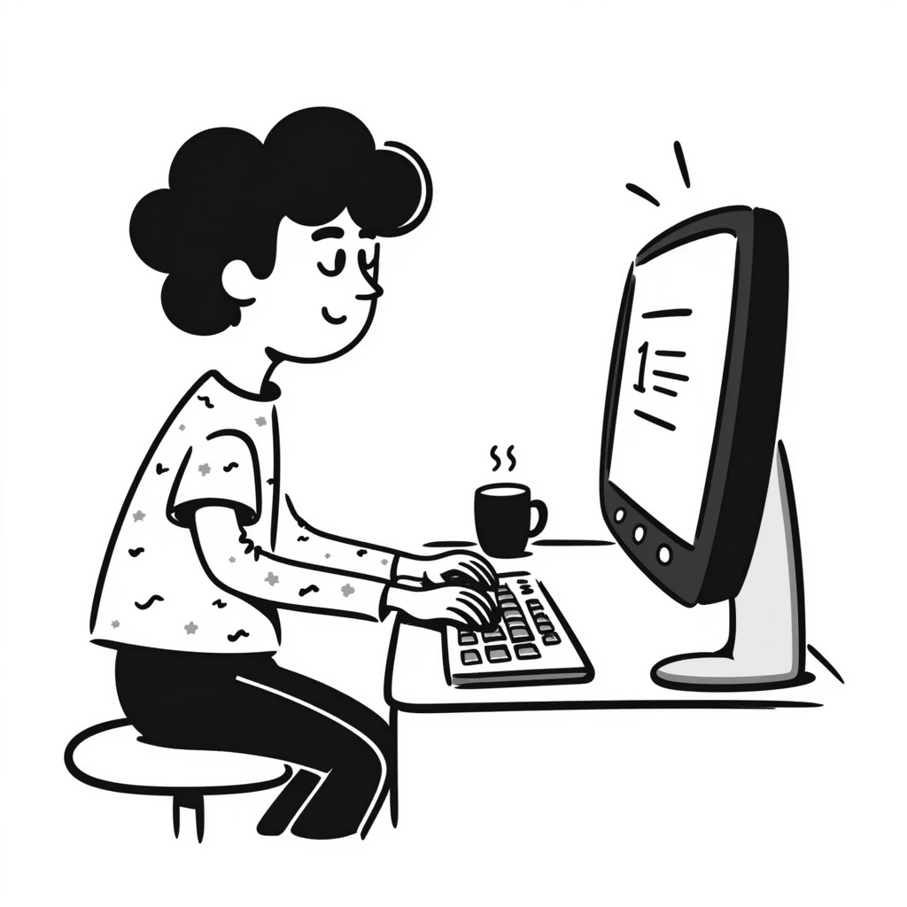 young programmer hand drawn doodle style, typing on keyboard emoji