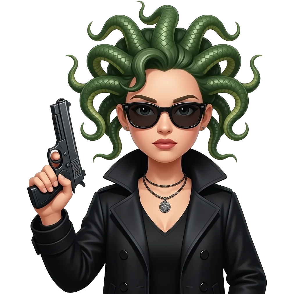 Sad beautiful female Medusa in black coat with sunglasses holding gun emoji