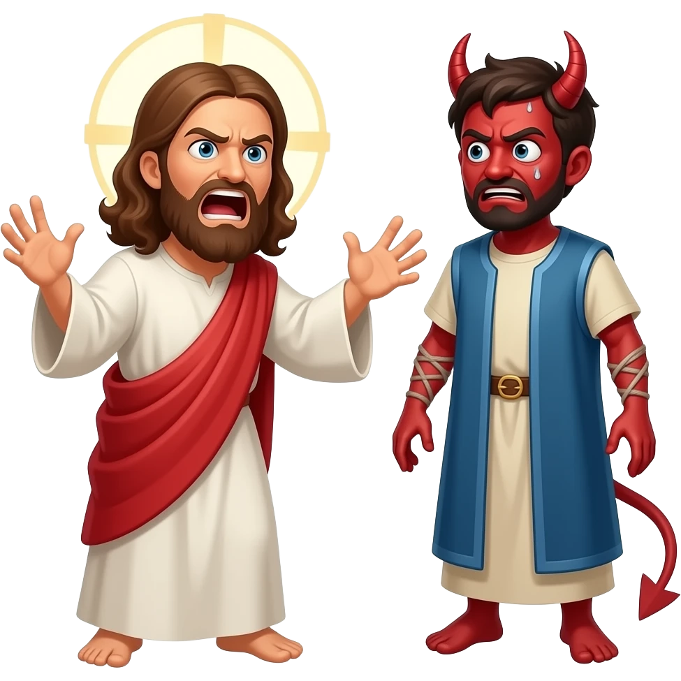 Jesus angry yelling at a scared demonically possessed man wearing biblical attire to leave his body emoji