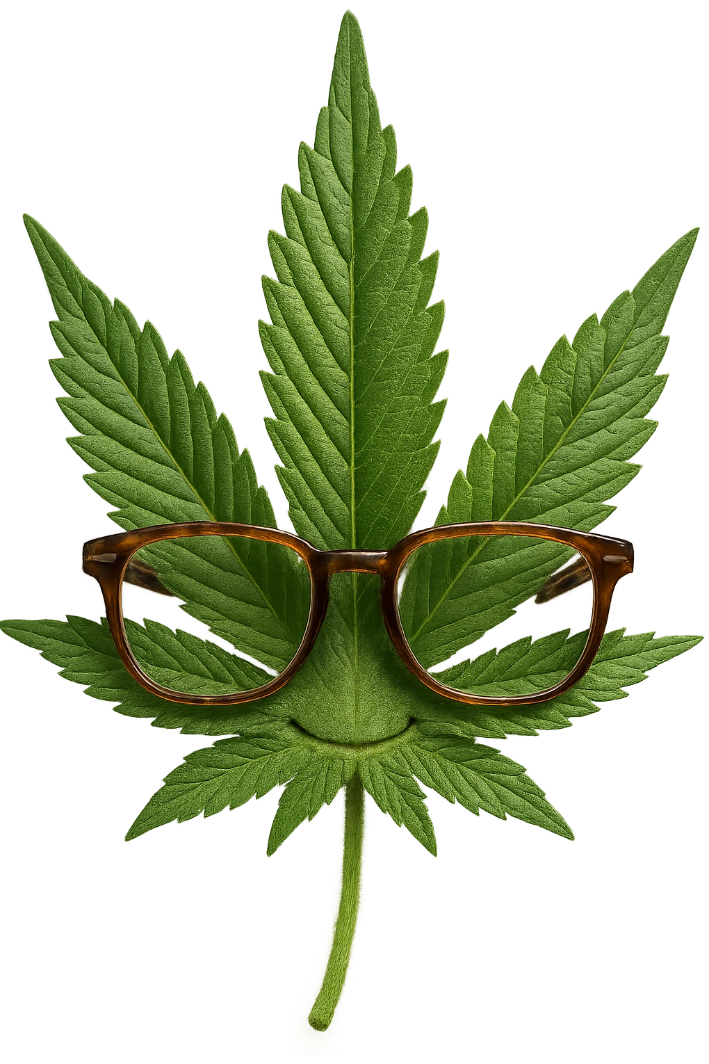 Make this weed leaf with nerdy glasses look more realistic, keep the glasses, and maintain no background. The style should be realistic with natural textures and details on the leaf and glasses. emoji