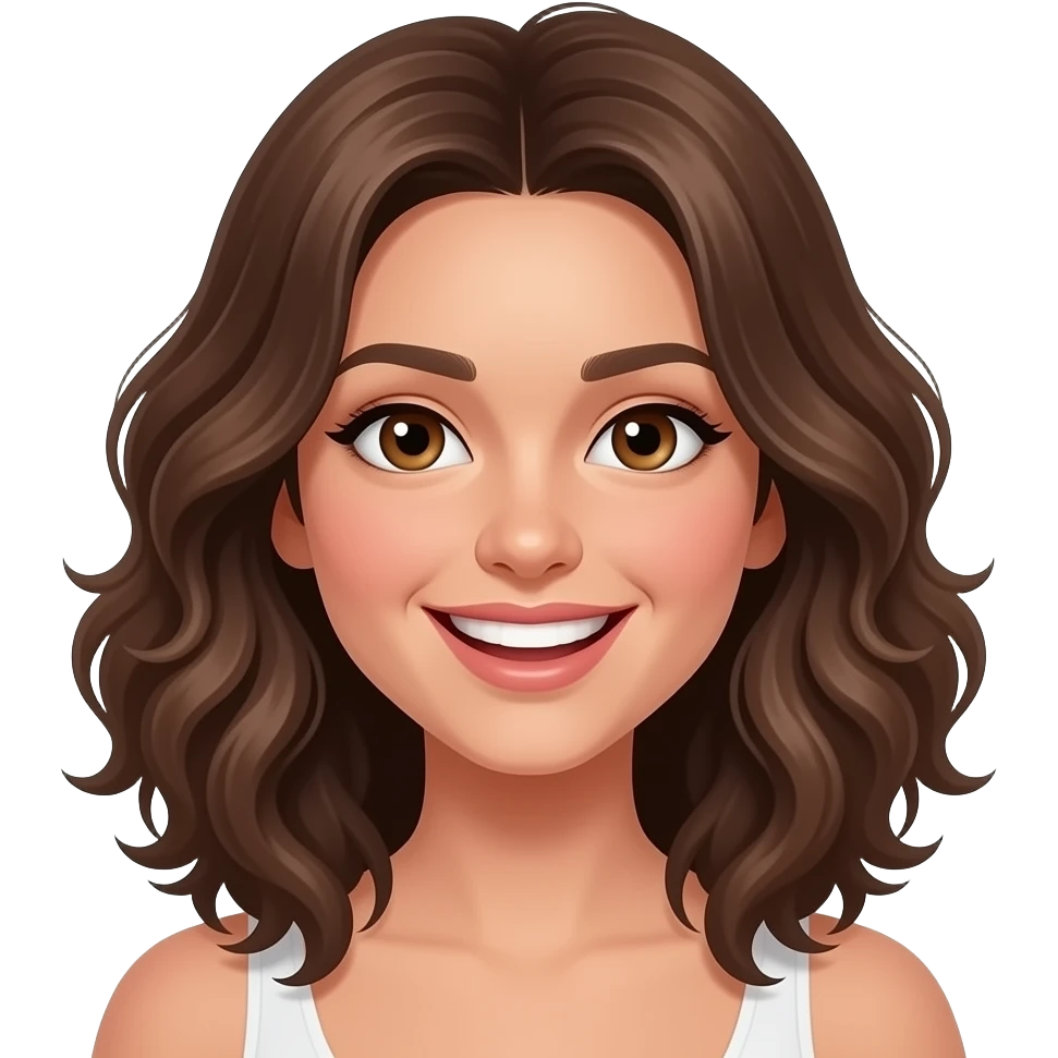 Sie hat Schulter lange Haare. Ihre starken locken fangen eher unten an also sie hat diese locken Brasilien locken. Braune Augen. Jungkiches Gesicht und immer am lachen emoji