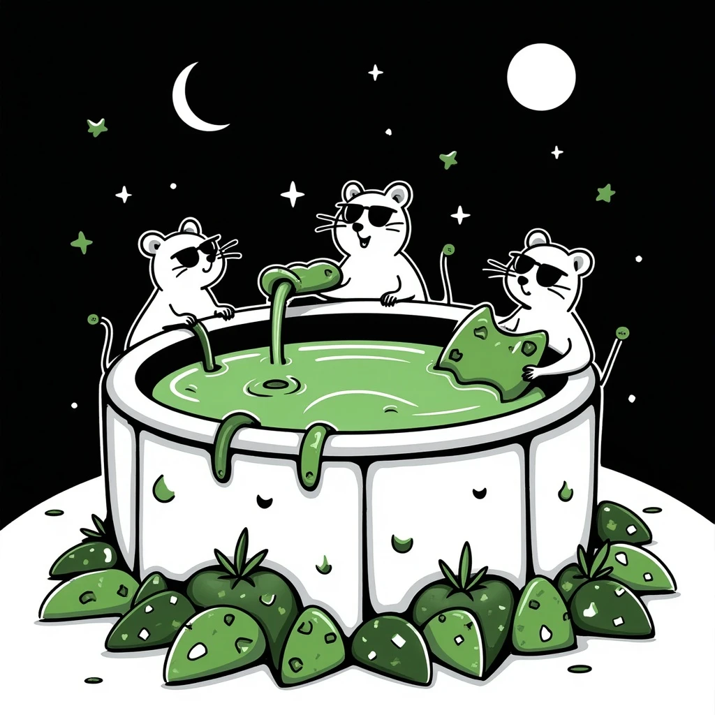 circular centered composition of a hamster cult weed and cheese pool party at night, hand-drawn, black doodle style emoji