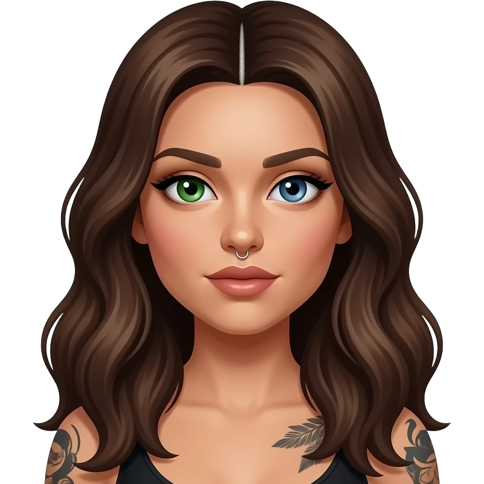 white long wavy haired brunette woman with one green eye one blue eye tattoos a philtrum piercing and a thin streak of white hair at the front and dark feminine makeup emoji