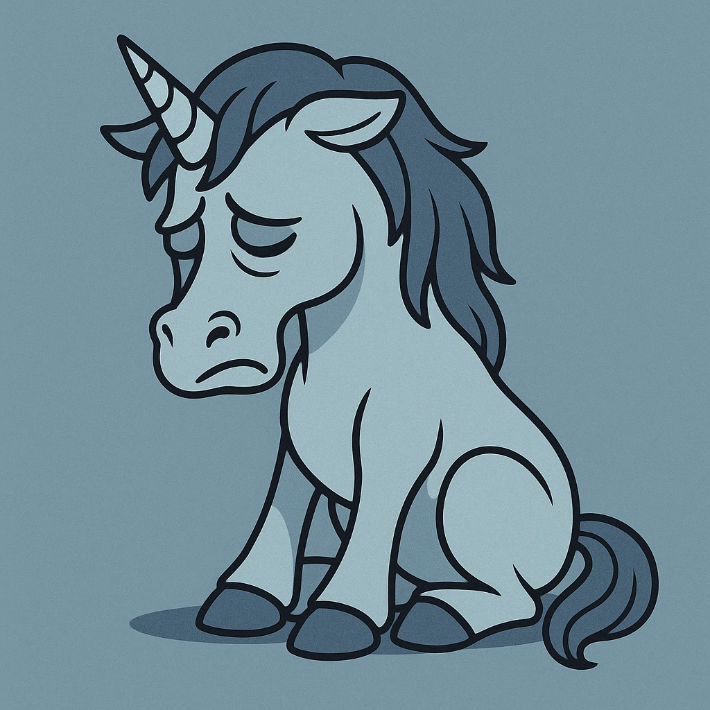 a sad unicorn with head down, blue and gray color palette, cartoon style emoji