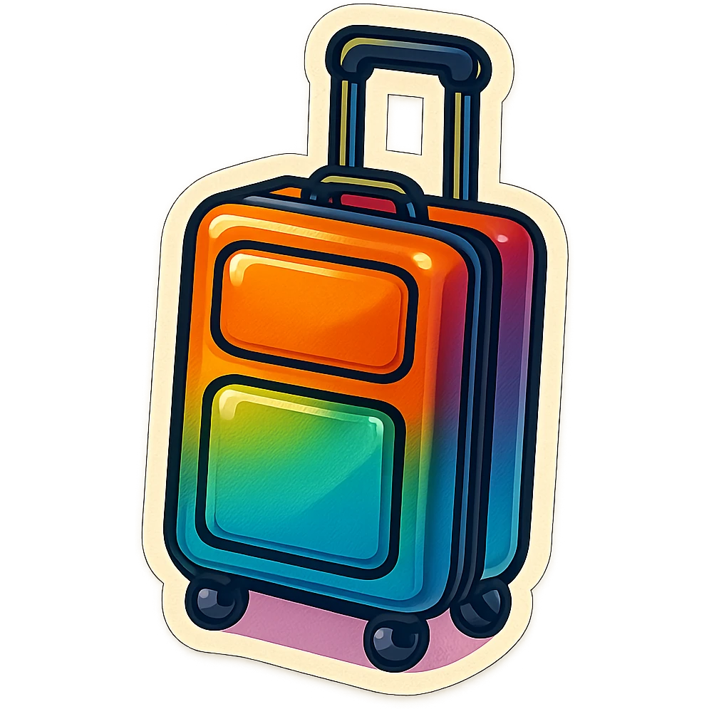 retro sticker-style illustration of a rolling suitcase with handle extended, bold outlines, juicy colors, expressive shadows and highlights, playful and glossy look, fun and inviting suitcase emoji