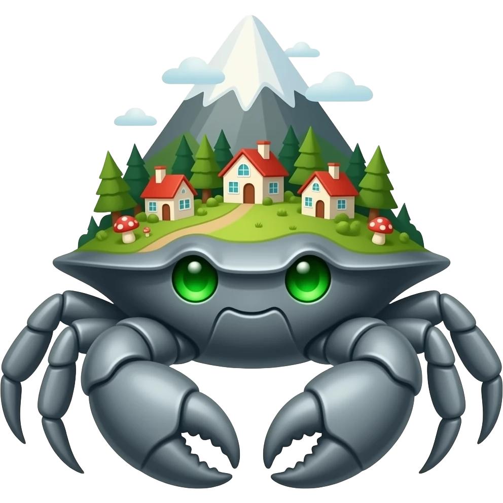 A Gray crab with houses on top of its shell in trees on it and also with mushrooms on it with glowing green eyesfacing forward Giant by mountain emoji