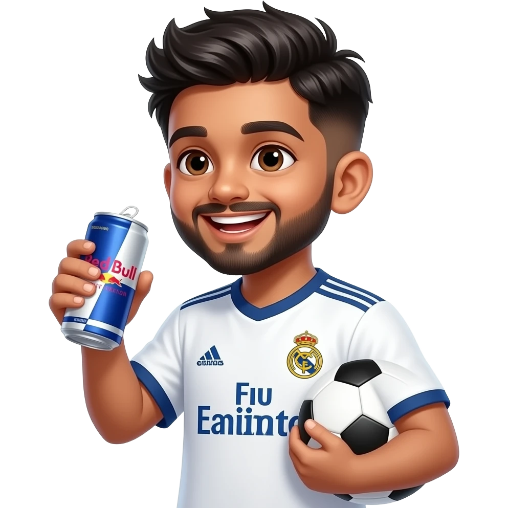 Laughing Boy with a European soccer ball, in Real Madrid jersey Indian young boy with a lightly trimmed beard and side fade with messy spike hairstyle, drinking redbull watermelon flavor, hair and beard color is black emoji