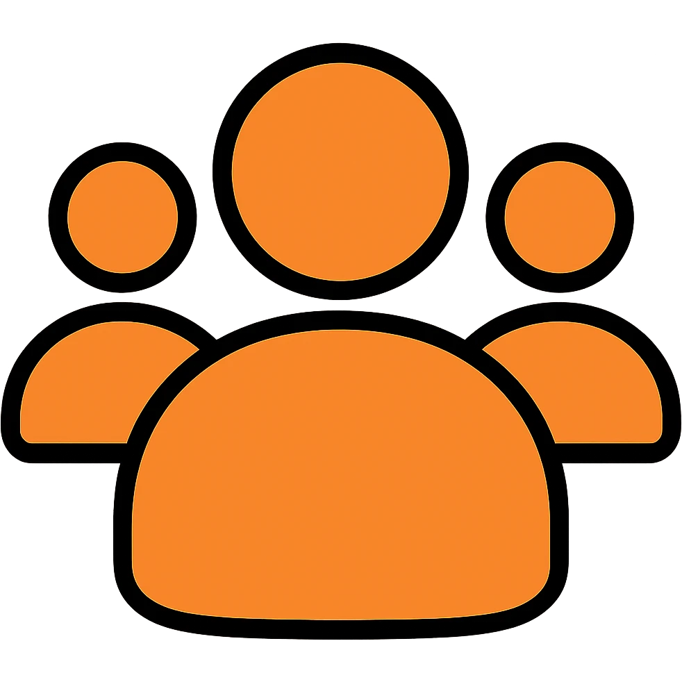 Remove all social details or icons, leave only a simple silhouette representing followers, in orange color #fe6601, with transparent background. emoji