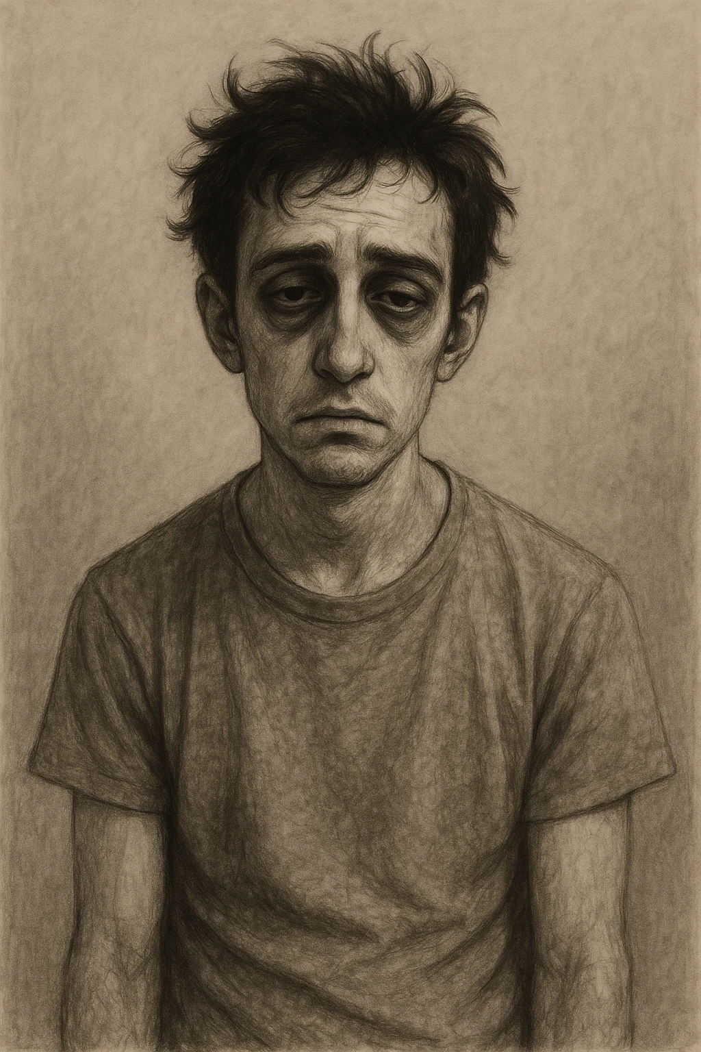 an exhausted person with dark circles under eyes, drooping shoulders, messy hair, neutral background emoji