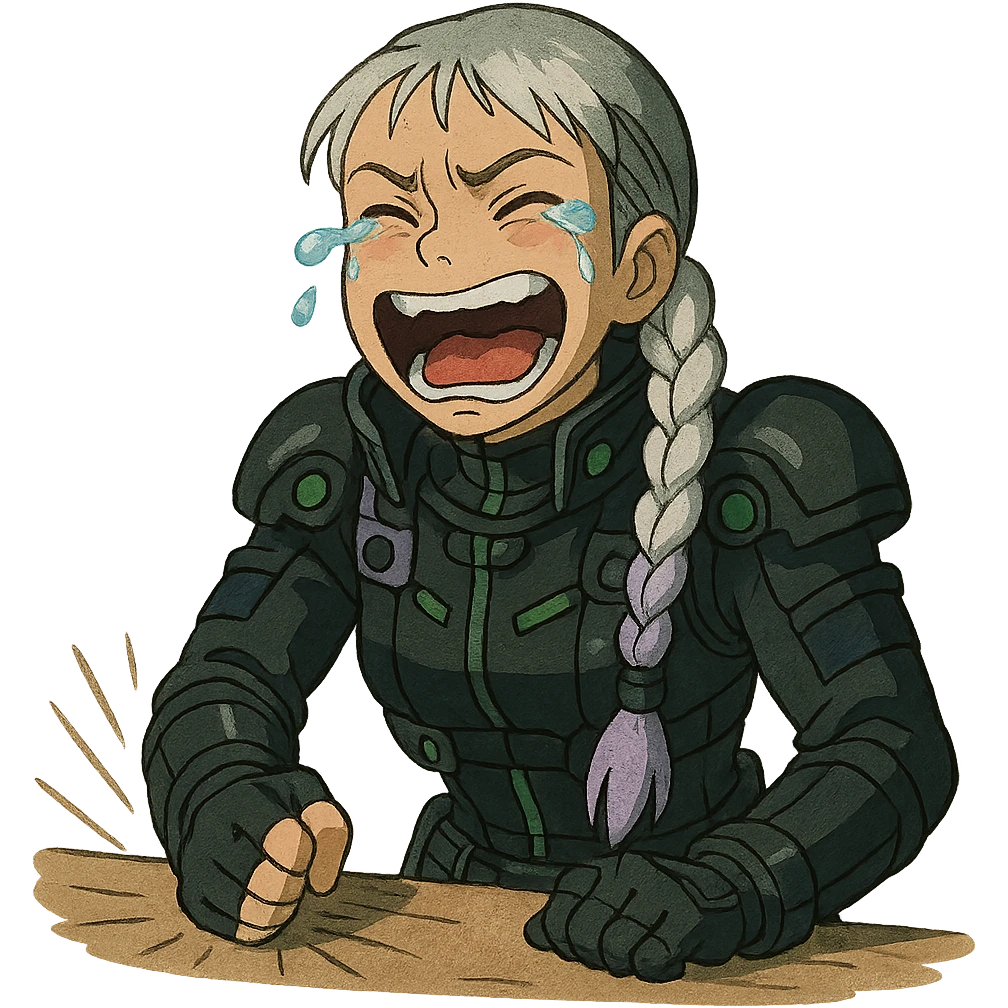 1 female, white braid with lavender tips. Cybergoth futurepunk, crying from laughter, pounding her fist on a table, “wheeze emoji” facial expression  emoji