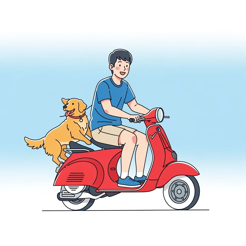 color vector art with thin outline of man and pet dog riding a scooter emoji