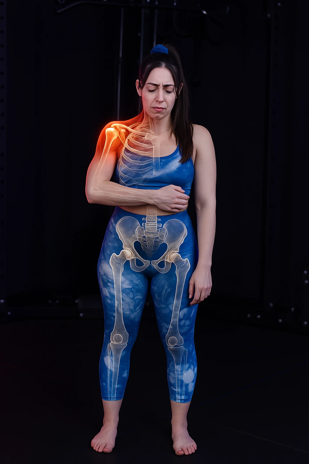 A woman with shoulder pain, add anatomically highlighted shoulders on the body, variant 2, in a style suitable for editing and anatomical emphasis. emoji
