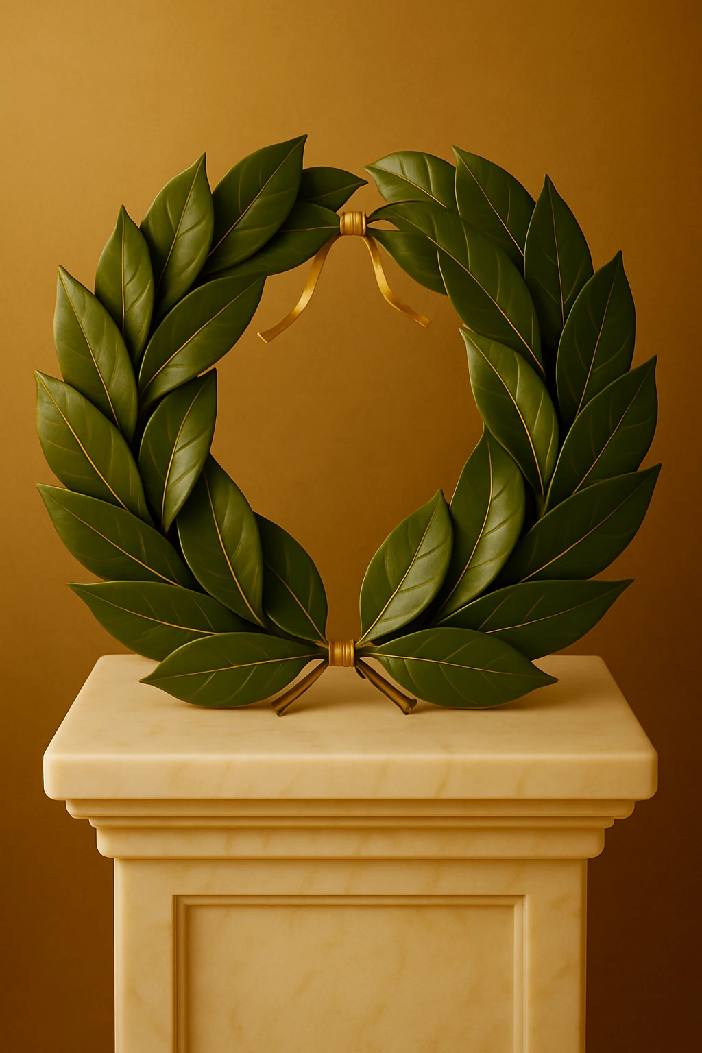 A realistic laurel wreath made of fresh or natural-looking laurel leaves, neatly woven into a circle. The leaves are glossy, rich green, with golden veins. The wreath is adorned with a thin golden ribbon tied in a bow at the back. The wreath is placed on a white marble pedestal or cushion. emoji