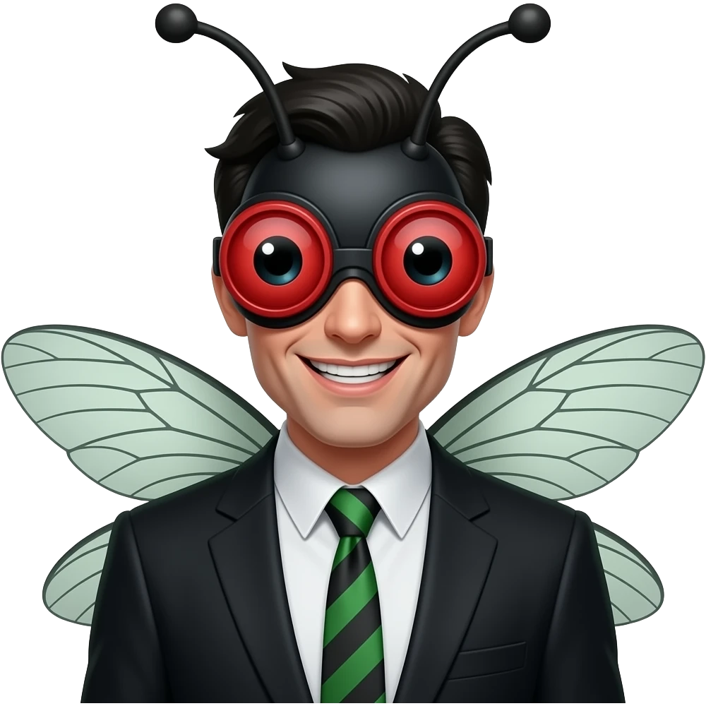 Man in creepy fly costume emoji, red compound eye goggles, dark green/black suit, tiny hairs, wings behind head, evil grin, glossy emoji style, centered, clean background emoji