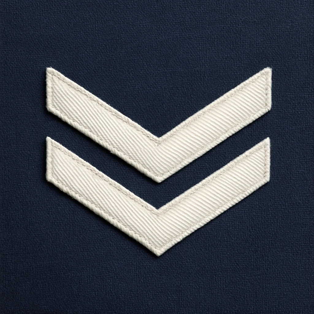 Make the U.S. Navy Seaman Apprentice (E-2) insignia look more realistic with an authentic navy blue uniform background. Include two white diagonal stripes that are detailed and accurate, reflecting the true insignia style. Focus on realism and precise details in the insignia and background. emoji