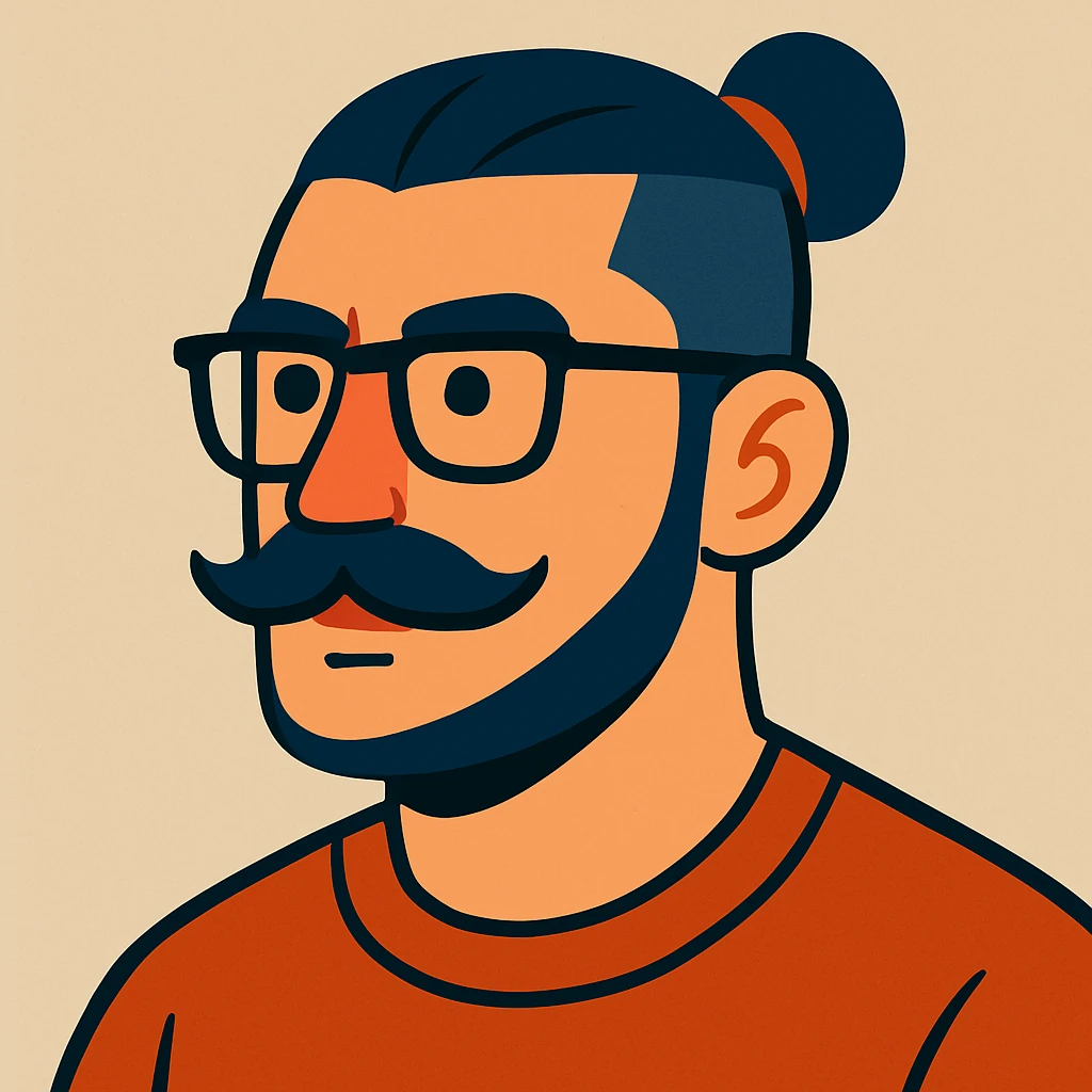 A vibrant cartoon style illustration of a guy with a moustache and a man bun, low taper fade haircut, wearing glasses, neutral background. emoji