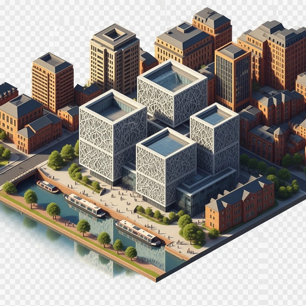 Isometric illustration-model of Birmingham, photorealistic the Library of Birmingham with its modern architecture and nearby canals, highly detailed in semi-realistic style, balanced between stylized and realistic, 3D miniature effect, transparent background. emoji