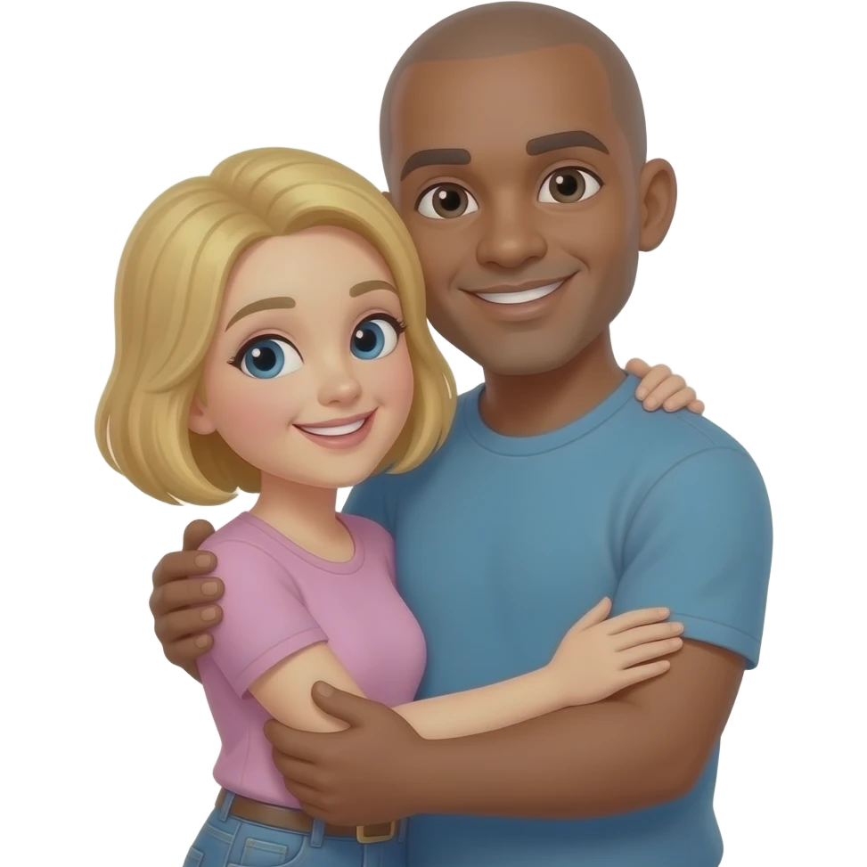 Short Blond haired white woman & taller bald brown man hugging emoji
