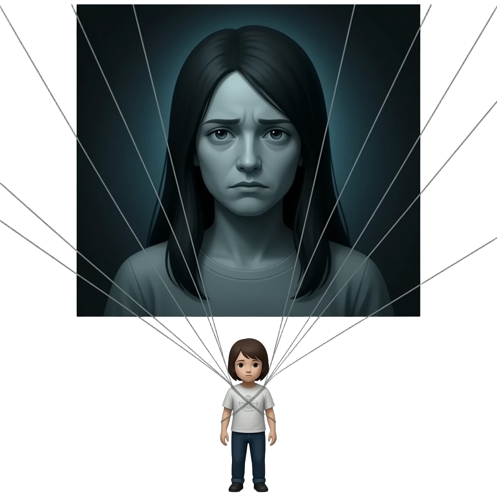 A haunting image of a small, fragile figure below, controlled by thin, invisible threads that stretch from a larger, spectral figure hovering above. The atmosphere is heavy and full of despair, highlighting themes of manipulation and control, with deep shadows and dark, unsettling details. emoji