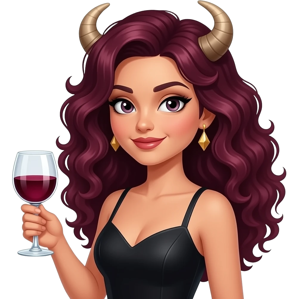 Девушка телец с темно-русыми кучерявыми волосами держит дорогой и красивый бокал с вином в руке, на лице ухмылка, в чёрном платье emoji