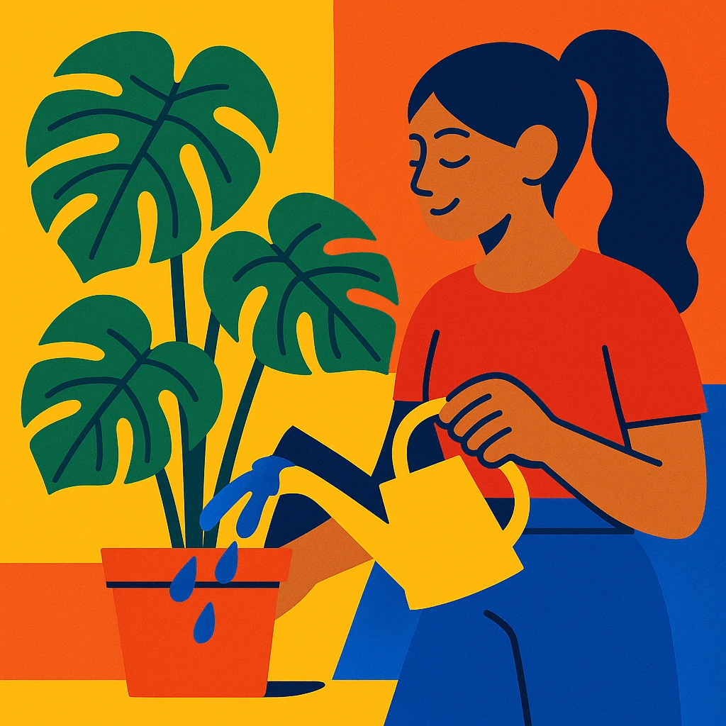 woman watering her monstera plant emoji