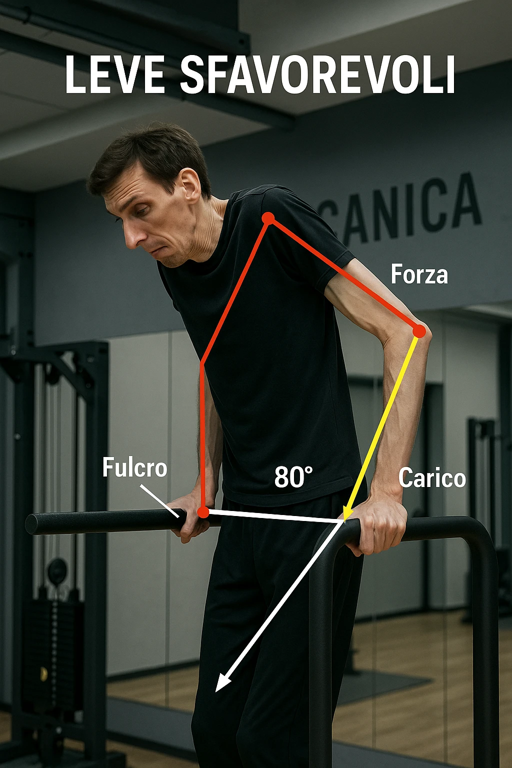a tall, lean man with very long arms and a short torso attempts a dip on parallel bars. His elbows are deeply bent and his body appears awkwardly positioned, highlighting the mechanical disadvantage. An overlay shows anatomical lines and angles, with labels explaining “Leve Sfavorevoli” The background is a modern gym, with a focus on biomechanics. in italiano emoji